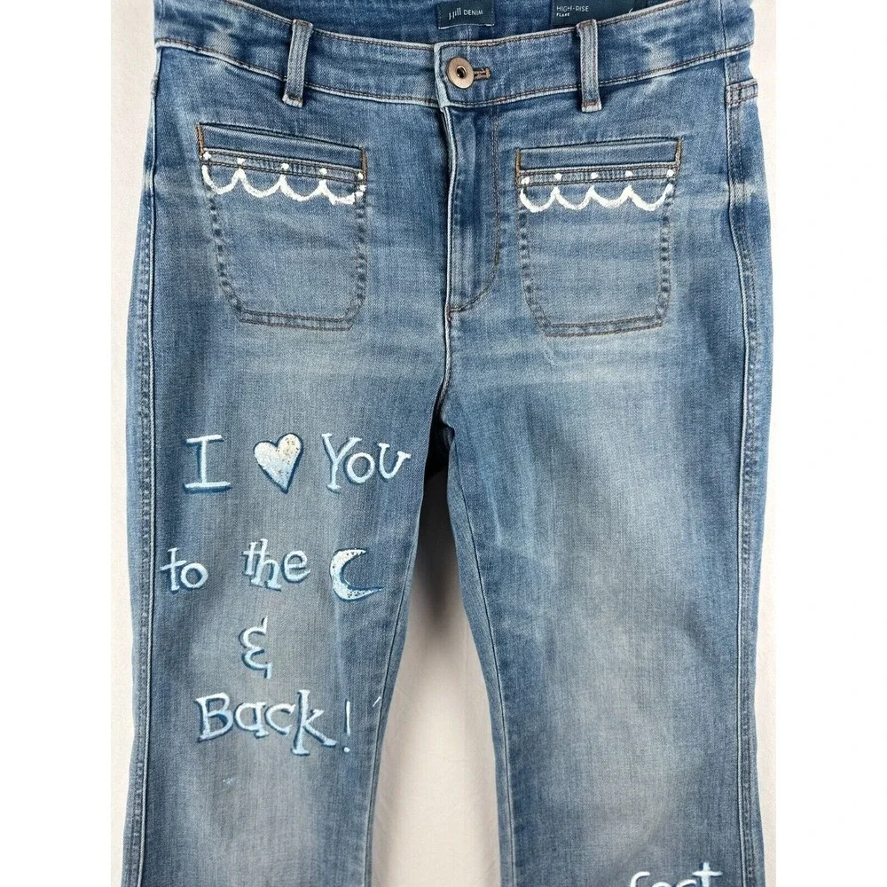 J.jill high rise flare jeans glitter love you to the moon Sz 6 artsy faded Sz 30